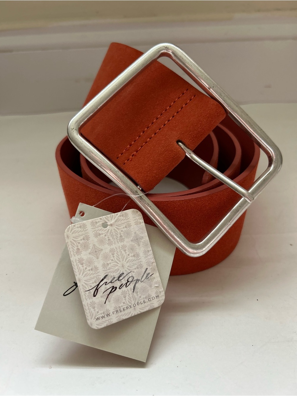 Free People NWT Leather Suede Wide Belt Silver Oversized Buckle Paprika size M/L